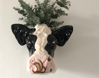 Quirky Ceramic Friesian Cow Wall Mount Vase | Plant Holder | Wall Art | Eclectic Decor | Faux Flowers | Head Planter