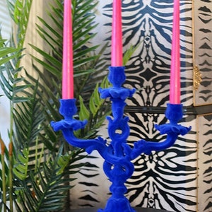 Colbolt Blue Flocked Candelabra | Candle Stick Holder Decor | Eclectic Decor | Gift Idea | Dining Table Dressing