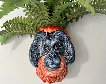 Quirky Ceramic Orangutan Wall Mount Vase | Plant Holder | Wall Art | Eclectic Decor | Faux Flowers | Head Planter