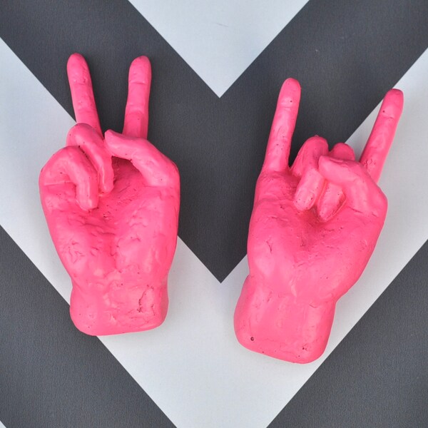 Neon Pink Mini Peace and Rock On Wall Hand | Wall Art |  Eclectic Decor | Gallery Wall Art | Wall Hook | Mothers Day Gifts