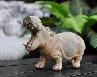 Quirky Roaring Hippo Ornament | Safari Decor | Electic Home Decor | Gift Idea | Antique Bronze Hippo Statue