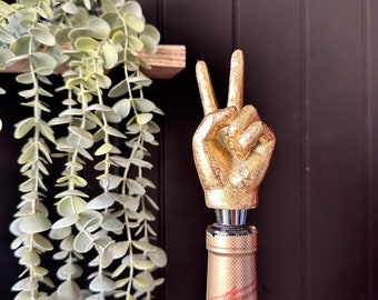 Quirky Small Gold Peace Hand Wine Bottle Stopper |  Eclectic Decor | Peace Hand