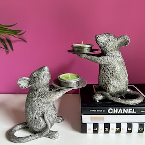 Portavelas de ratón plateado / Portavelas para velas de té / Decoración kitsch / Decoración ecléctica / Idea de regalo / Decoración de mesa / Decoración de estantería