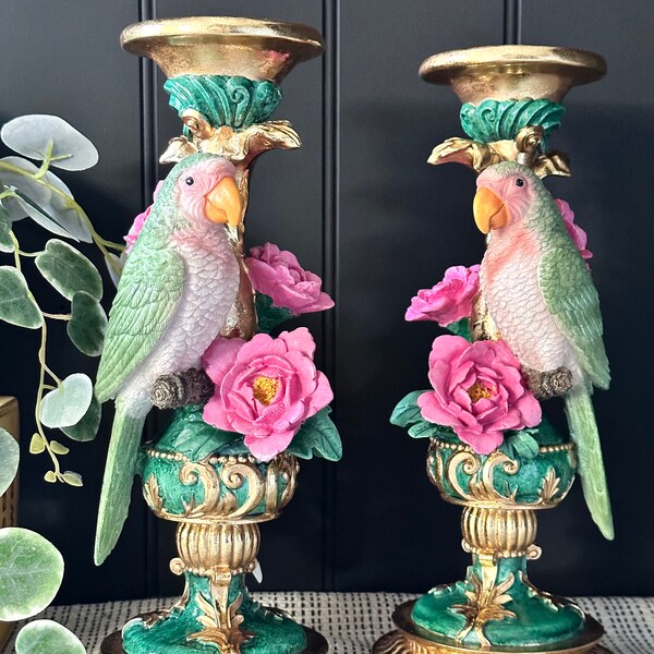 Pair of Quirky Ornate Parrot Candle Holders | Eclectic Decor  | Large Candle Holder | Lounge Decor | Candle Lovers | Candle Plinth