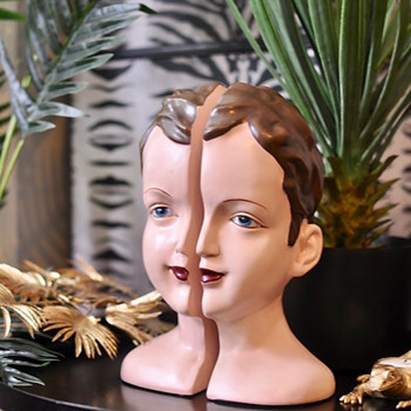 Quirky Split Deco Head Bookends | Kitsch Decor | Eclectic Decor | Gift Idea | Library Decor | Shelfie | Lounge Decor