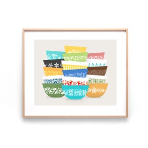 Colorful Pyrex-Inspired Mixing Bowl Stacks Print – Retro Kitchen Wall Art – Vintage Pyrex Collector Gift