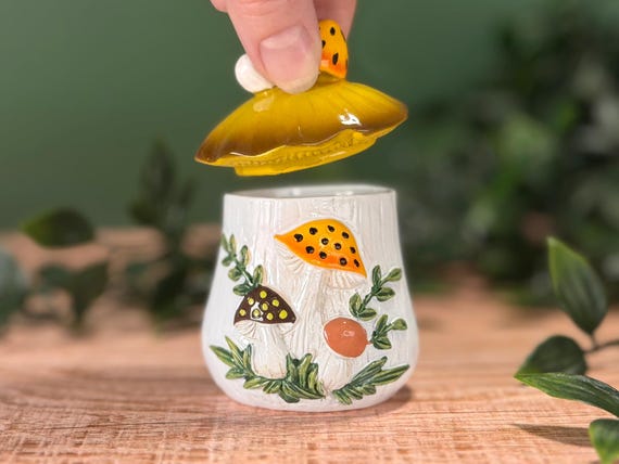 Mini Merry Mushrooms Ceramic Trinket Box | 70s Sears Mushroom Canister Replica | Cottagecore Ring Dish | Vintage Kitchen Collector Gift