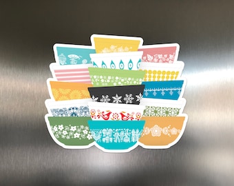 Pyrex-Inspired Whimsy Stack Magnet – Retro Vintage Kitchen Fridge Magnet – Colorful Mixing Bowl Collector Gift