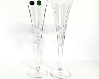 Pair Czech Bohemia Crystal Vases, Set of Two 24% Lead Trumpets, Diamond Crisscross Cut Glass, Flared Bud Vase Centerpieces, Vintage Decor