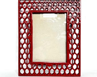 Vintage Red Picture Frame, Metal Lattice Photo Frame, Honeycomb Geometric Border, Retro Red Enamel Metal Frame, Eclectic Desk Art