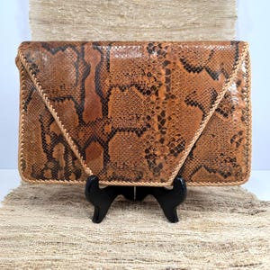Vintage Snakeskin Print Envelope Clutch Bag, Brown Textured Leather Evening Purse, Boho Chic Braided Edge Convertible Handbag, Retro Folio