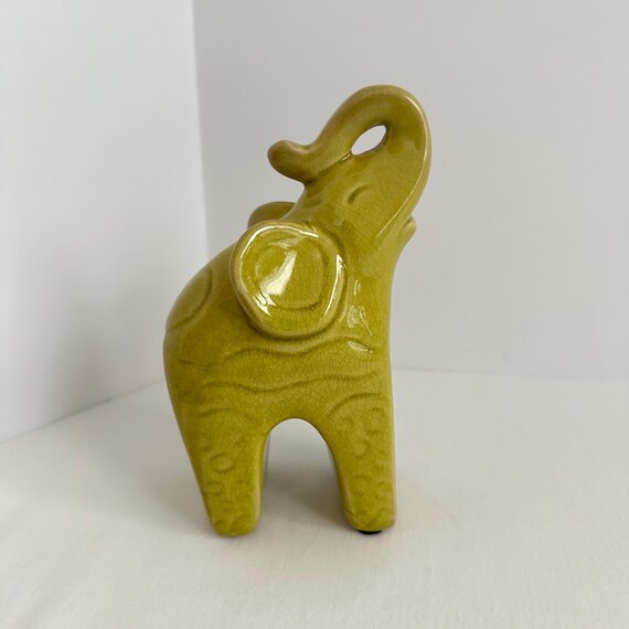 Vintage Lime Colored Ceramic Elephant | Crackle Glaze Figurine | Mid‑Century Modern Décor