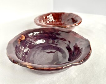 Vintage Pottery Small Bowls, Set Of 2 Ceramic Dishes, Dark Brown Glaze Catchall, Retro Studio Art Pottery, Wabi Sabi Kitchen Decor