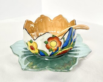 Vintage Lotus Flower Bowl Set, Japanese Porcelain Lusterware, Hand-Painted Floral Mayonnaise Server, Retro Leaf Underplate Spoon