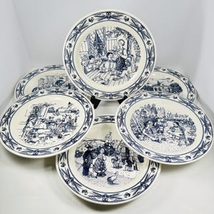 Vintage Gien France Plates Set of 6, Blue White Faience Alsatian Village Scene Dinner Plates, French Country Cottage Transferware Decor
