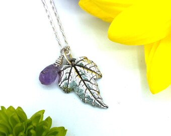 Small leaf necklace, Amethyst, silver leaf pendant, sister gift, Birthday Gift