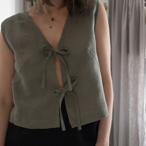 Linen Tie-Front Crop Top: Sleeveless V-Neck