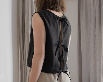 Leinen Crop Top Frauen, Leinen Top mit Back Tie, ärmellose Leinenbluse, Minimalistisches Leinen Sommer Top, Capsule Garderobe Kleidung