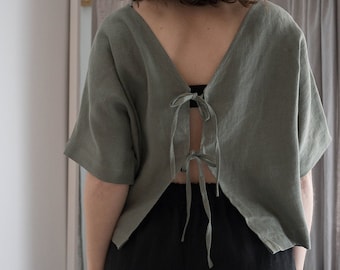 Reversible tie crop top | Linen crop top with ties | Tied up reversible blouse