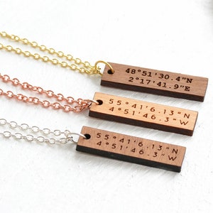 Custom Coordinates Necklace, Gifts For Her, Personalised Birthday Gift, 5th Anniversary Gift for Her, Engraved Necklace, Wood Necklace