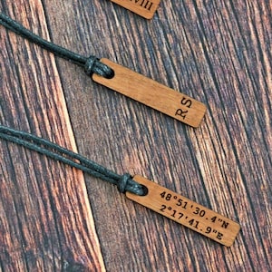 Personalised Coordinates Necklace, Cord Necklace Men Women, Wood Necklace, Valentines Gift for Boyfriend Girlfriend, 5th Anniversary Gift