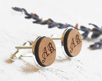 Monogram Cufflinks, Initial Cufflinks, Personalised Cufflinks, Wood Cufflinks, Monogrammed Cufflinks, Dad Husband Boyfriend Engraved Gift