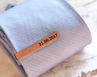 Wood Tie Bar, Engraved Tie Clip, Wedding Date, Wedding Tie Clips, Groom Gift, Fifth Anniversary Gift For Him, Custom Personalised Tie Pin