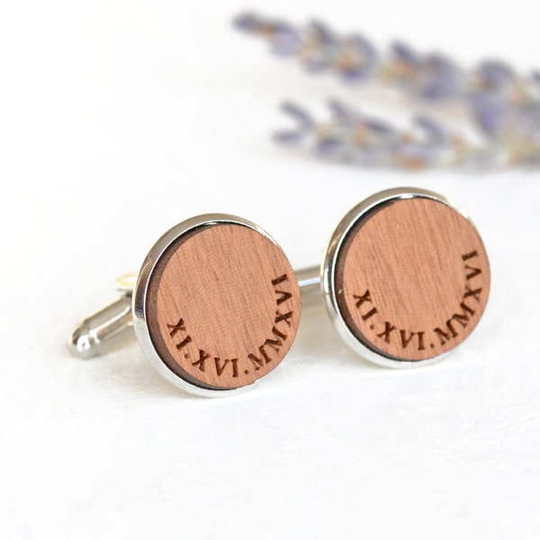 Roman Numeral Cufflinks, Wedding Date, Fifth Anniversary Gift, Engraved Wood Cufflinks, 5th Anniversary Gift for Him, Groom Gift