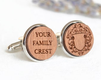 Boutons de manchette écusson familial, cadeau de mariage blason, boutons de manchette personnalisés, boutons de manchette logo avec image gravée