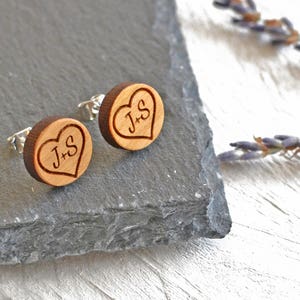 Personalized Earrings Heart Earrings Couples Gift - Wedding Anniversary Romantic Gift - Initials Gift For Her Stocking Fillers Wood