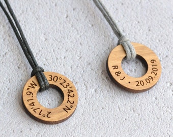 Personalised Necklace, Valentine's Day Gift Boyfriend Girlfriend, 5th Anniversary Gift Him Her, Wood Necklace, Custom Coordinates Necklace