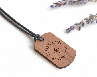 Custom Coordinates Necklace, Personalized Engraved Wood Pendant Necklace, Dog Tag Necklace for Men Women, Birthday Gift For Him