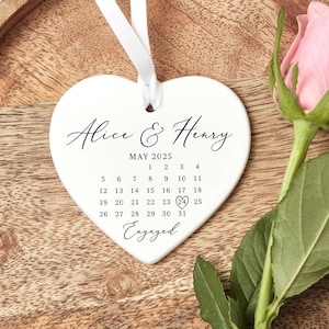 Personalised Engagement Gift, Ceramic Heart Keepsake, Custom Engagement Ornament, Calendar Engagement Date Announcement, Engaged Couple