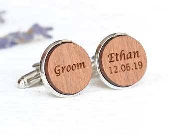 Groom Cufflinks - Personalised Groom Cuff Links - Groom Gift - Custom Engraved Cufflinks - Rustic Wood Cufflinks - Wedding Day Keepsake