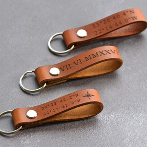 Custom Coordinates Keychain, Personalised Leather Keyring, 3rd Anniversary Gift, Custom Valentine's Day Gift Him Her, Leather Gifts for Men