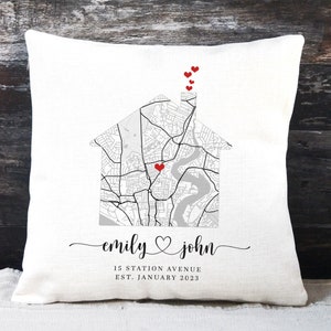 Cuscino personalizzato per la nuova casa, regalo per la prima casa, cuscino con mappa, regalo per la nuova casa, regalo di inaugurazione della casa per la coppia, regalo per la casa