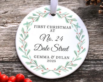 Personalised First Christmas In Our New Home Ornament, Housewarming Gift, New Home Bauble, Ceramic Decoration Address, First House Keepsake