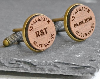 Coordinate Cufflinks, Personalised Cufflinks, Custom Coordinates Gift For Him, Wooden Cufflinks, Fifth Anniversary Gifts for Him Boyfriend