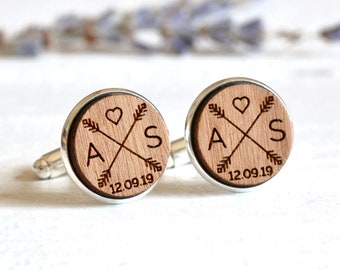 Personalized Wedding Cufflinks, Groom Wedding Cufflinks, Date and Initials Cufflinks, Engraved Cuff Links, Wooden Cufflinks Winter Wedding