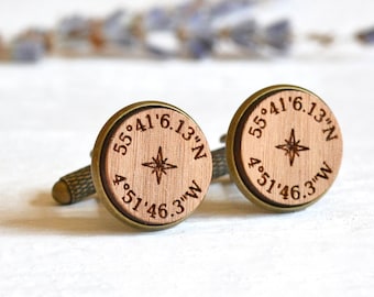 Compass Cufflinks, Custom Coordinate Cufflinks, Personalised Cufflinks, Custom Coordinates Gift For Him, Wood Anniversary Gifts for Him