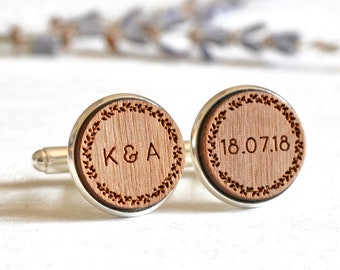 Wooden Cufflinks, Groom Cufflinks, Custom Cufflinks, Wedding Cufflinks, Personalised Cufflinks Initials Date, Floral Wreath Design