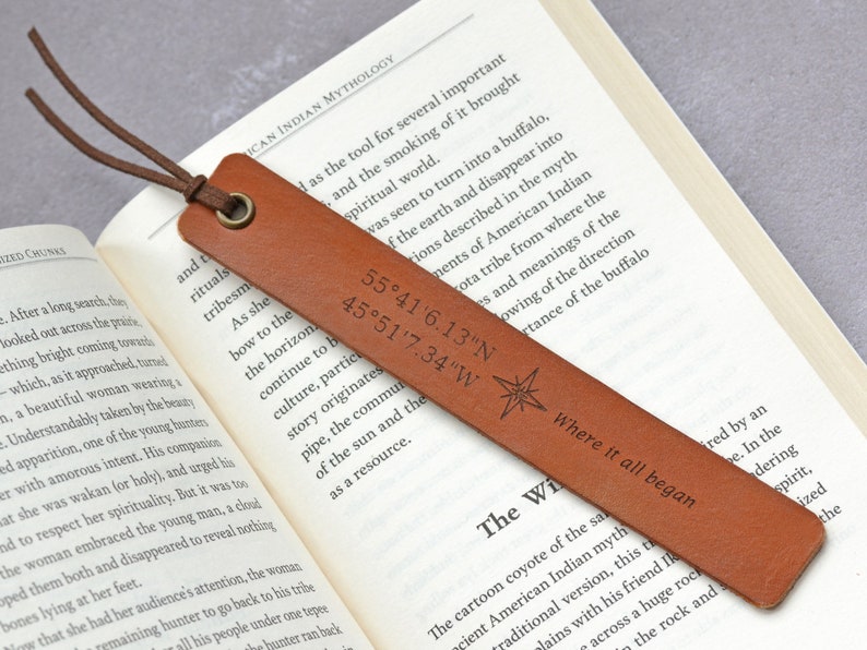 Personalised Leather Bookmark, Custom Coordinates Bookmark, 3rd Anniversary Gift, Birthday Gift for Boyfriend Husband image 3