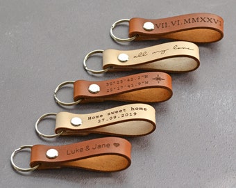 Personalised Leather Keyring, Third Leather Anniversary Gift, Custom Leather Keychain, Custom Coordinates Leather Loop Keyring