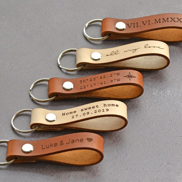 Personalised Leather Keyring, Third Leather Anniversary Gift, Custom Leather Keychain, Custom Coordinates Leather Loop Keyring