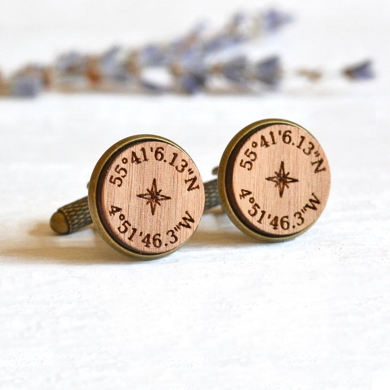 Compass Cufflinks, Custom Coordinate Cufflinks, Personalised Cufflinks, Custom Coordinates Gift For Him, Wood Anniversary Gifts for Him image 1