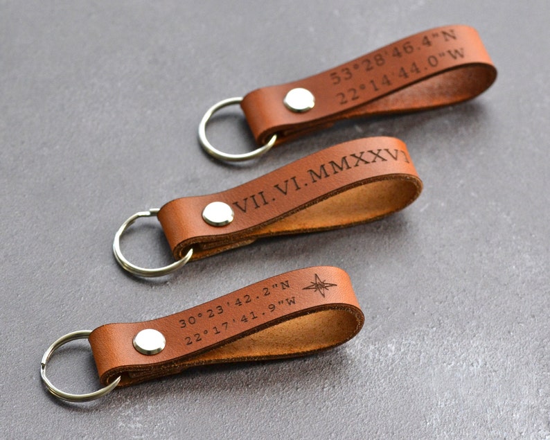 Custom Coordinates Keychain, Personalised Gifts for Men, Personalized Leather Keyring, 3rd Anniversary Gift for Him, Leather Loop Keyring 