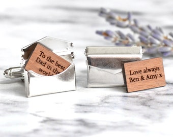 Personalised Cufflinks for Dad, Gift for Dad, Secret Message Cufflinks, Envelope Locket Cufflinks Wood, Gift for Daddy, Father's Day Gift