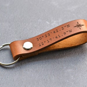 Personalised Leather Anniversary Gift for Him, Mens Leather Keychain, Custom Coordinates Keyring, Third Anniversary Gift Him