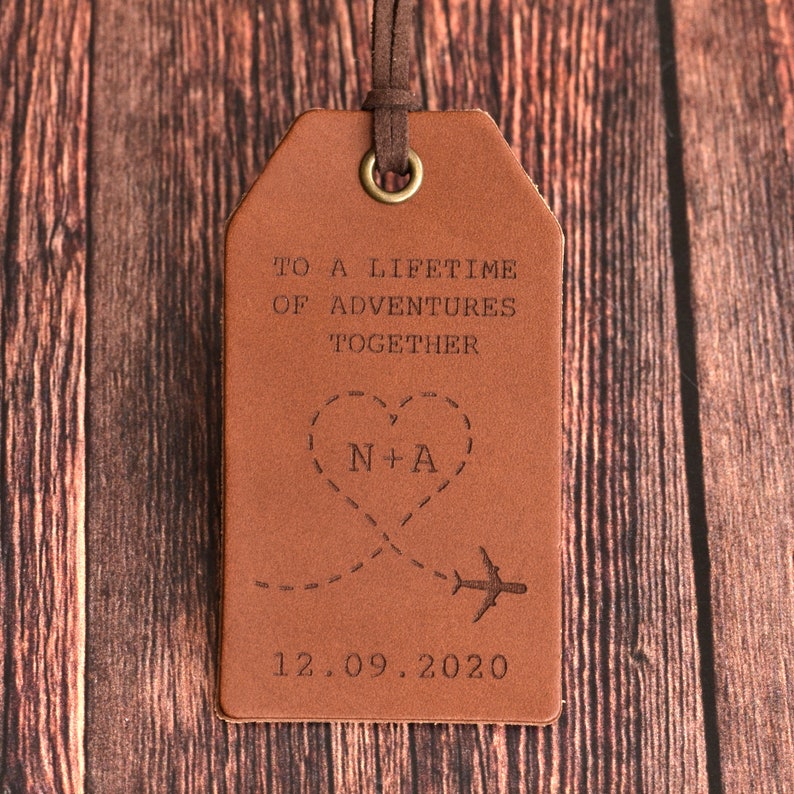 Custom Leather Luggage Tag, Personalised Leather Anniversary Gift, Personalised Gift for Him or Her, Wedding Gift, Travel Gift for Couple image 2