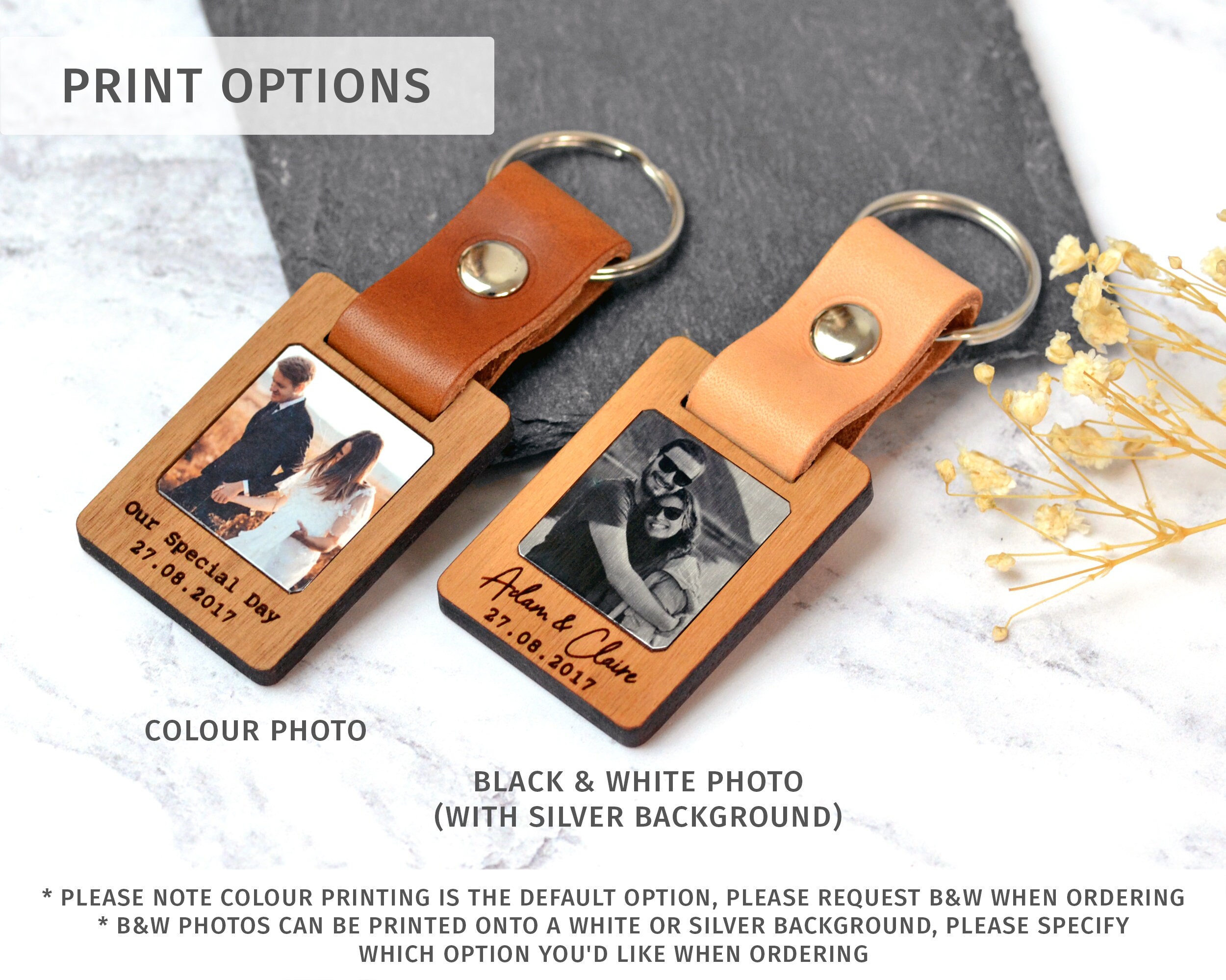 Personalised Photo Keyring, Wood Fifth Anniversary Gift, Valentine&#39;s Day Gift for Boyfriend Husband, Leather Keychain, Calendar Keyring